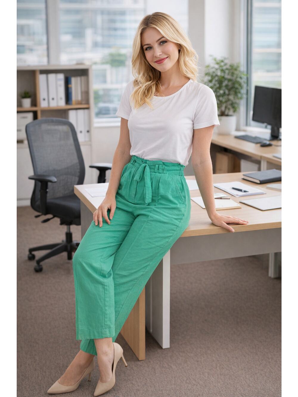 VTG Jill Martin Pleated Trousers Green High Rise Wide Leg USA